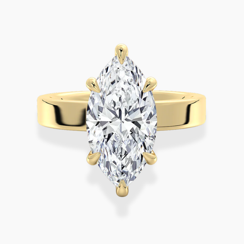 Flat Wide Cigar Band Marquise Solitaire Lab Grown Diamond Engagement Ring 18K Gold