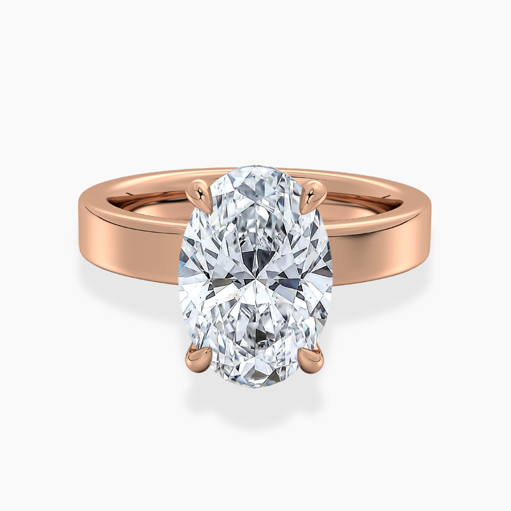 Flat Wide Cigar Band Oval Solitaire Lab Grown Diamond Engagement Ring 18K Gold