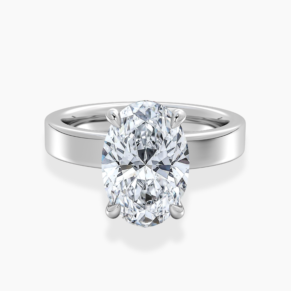 Flat Wide Cigar Band Oval Solitaire Lab Grown Diamond Engagement Ring 18K Gold
