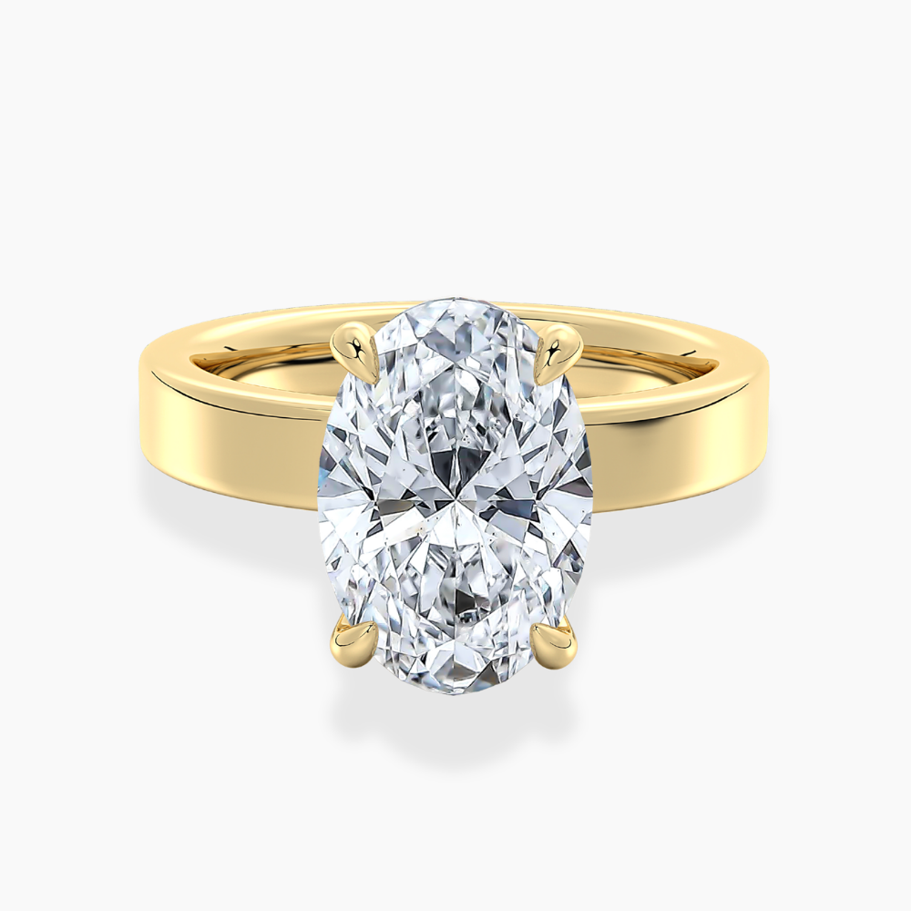 Flat Wide Cigar Band Oval Solitaire Lab Grown Diamond Engagement Ring 18K Gold