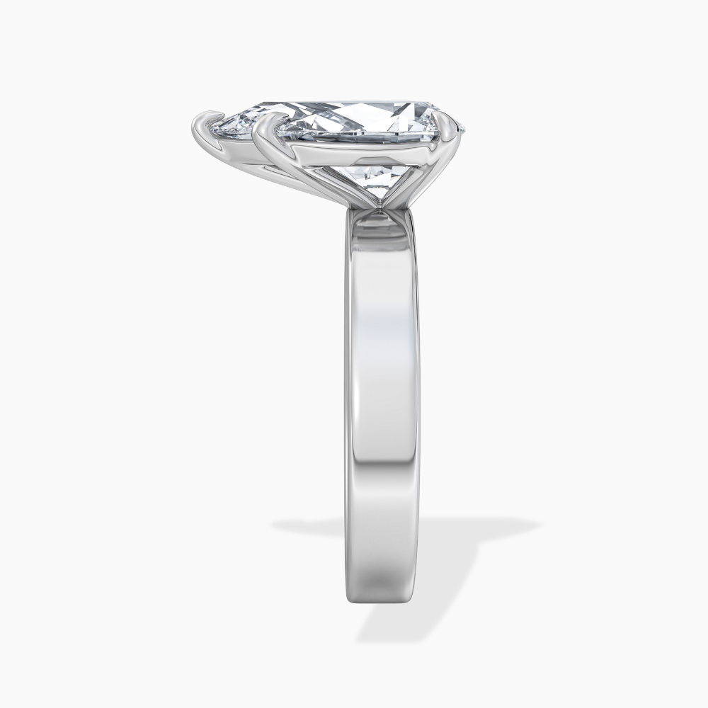 Flat Wide Cigar Band Pear Solitaire Lab Grown Diamond Engagement Ring 18K Gold