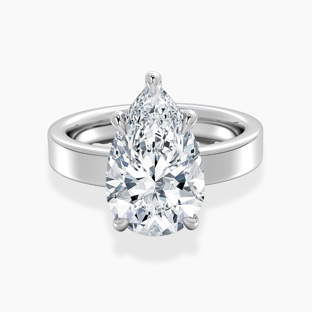Flat Wide Cigar Band Pear Solitaire Lab Grown Diamond Engagement Ring 18K Gold