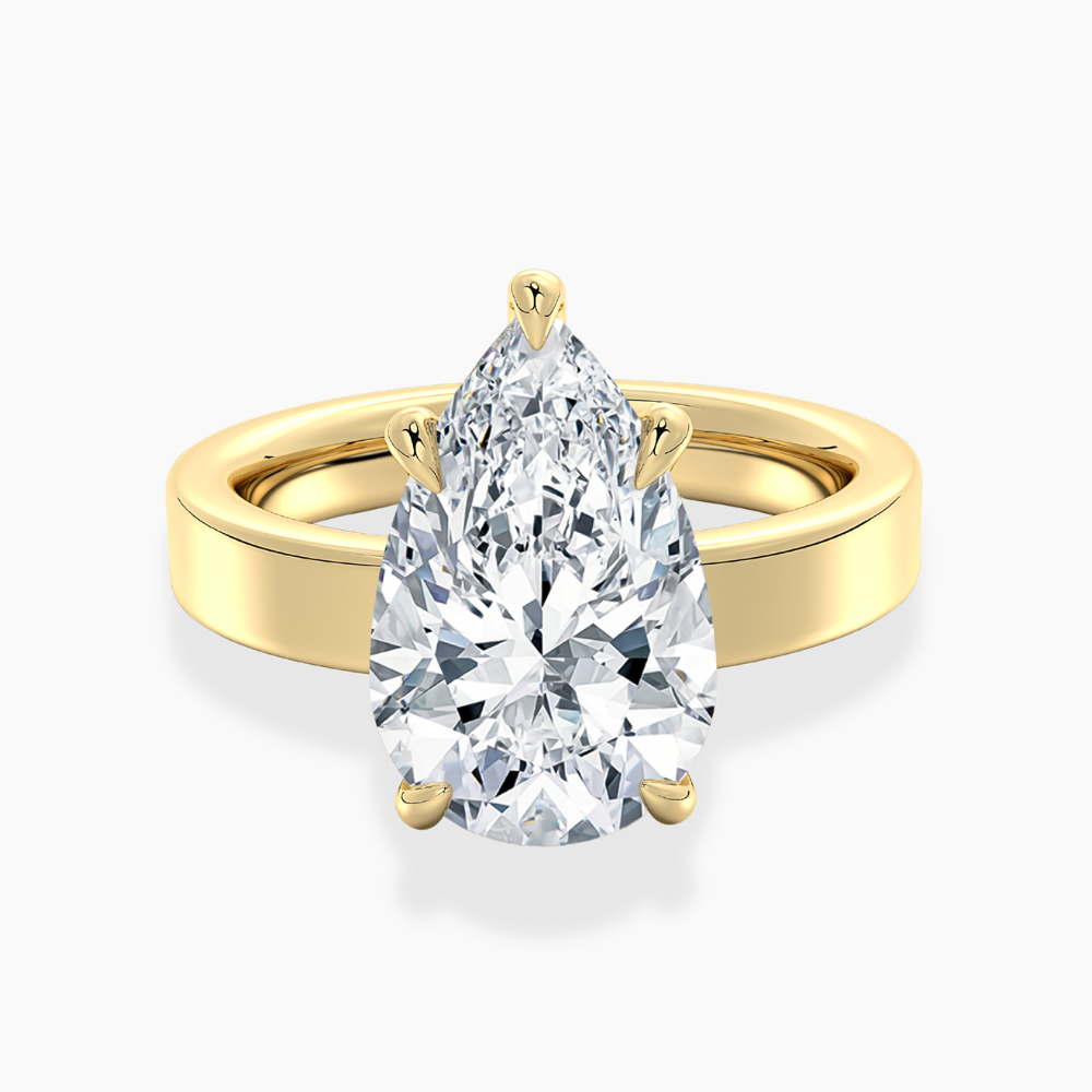 Flat Wide Cigar Band Pear Solitaire Lab Grown Diamond Engagement Ring 18K Gold