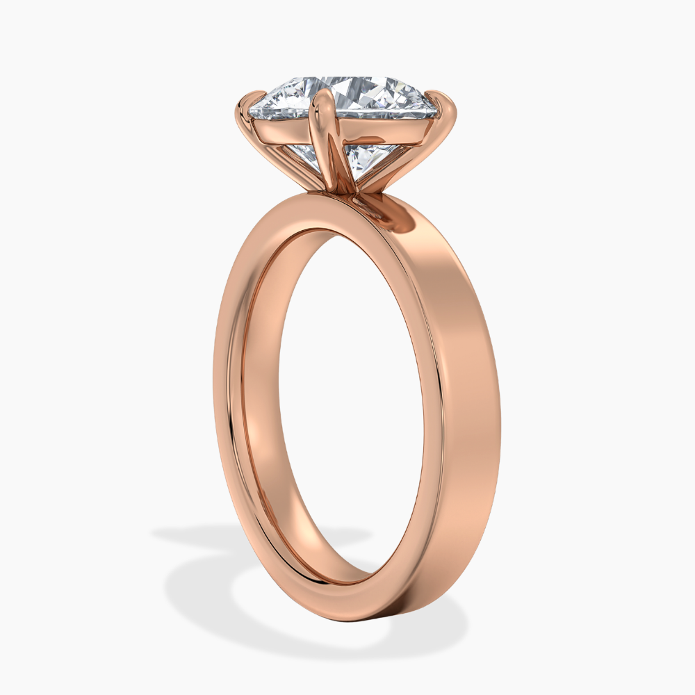 Flat Wide Cigar Band Round Solitaire Lab Grown Diamond Engagement Ring 18K Gold