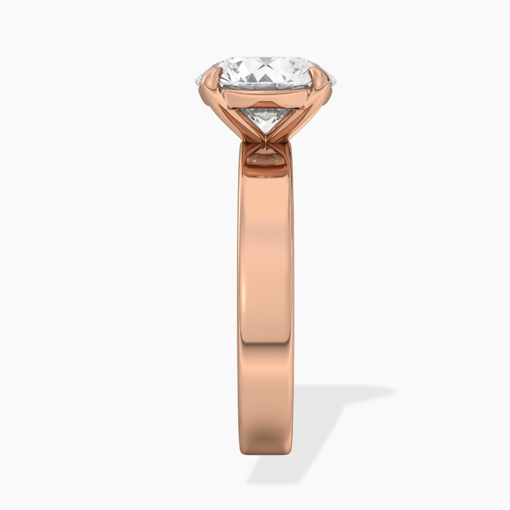 Flat Wide Cigar Band Round Solitaire Lab Grown Diamond Engagement Ring 18K Gold