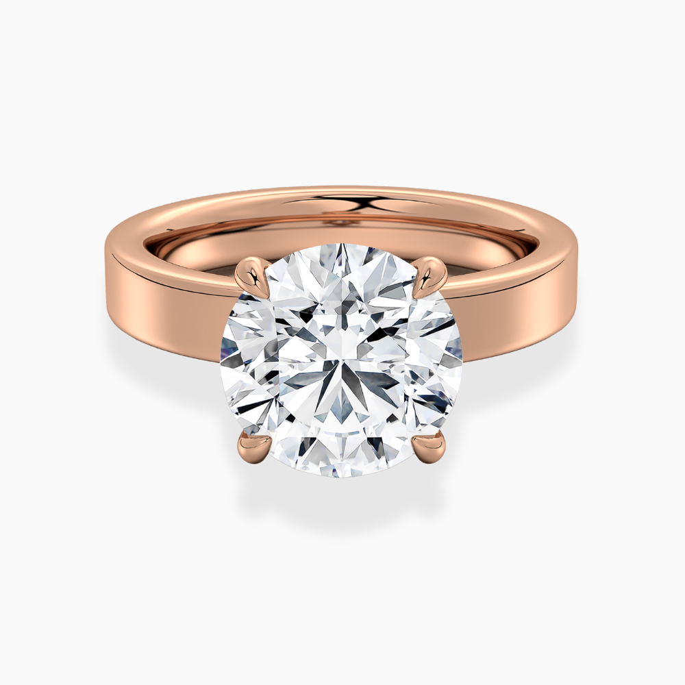 Flat Wide Cigar Band Round Solitaire Lab Grown Diamond Engagement Ring 18K Gold
