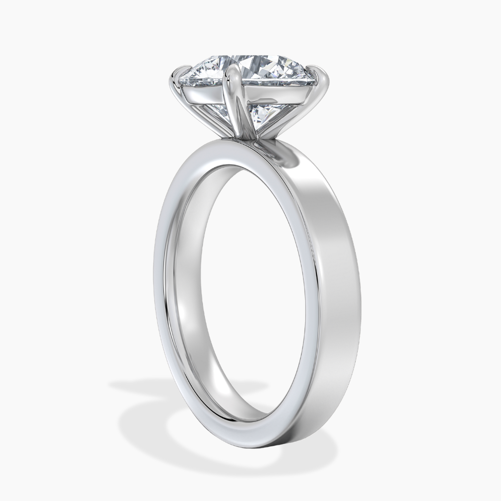 Flat Wide Cigar Band Round Solitaire Lab Grown Diamond Engagement Ring 18K Gold