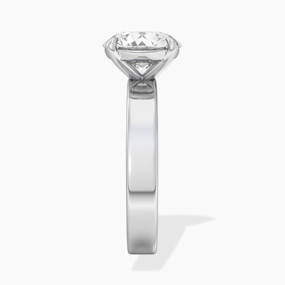 Flat Wide Cigar Band Round Solitaire Lab Grown Diamond Engagement Ring 18K Gold