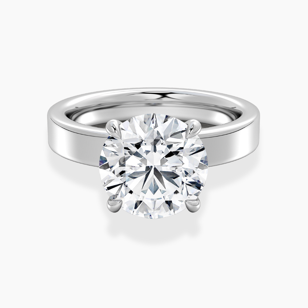 Flat Wide Cigar Band Round Solitaire Lab Grown Diamond Engagement Ring 18K Gold