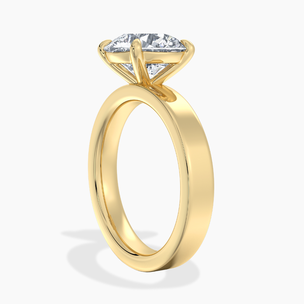 Flat Wide Cigar Band Round Solitaire Lab Grown Diamond Engagement Ring 18K Gold
