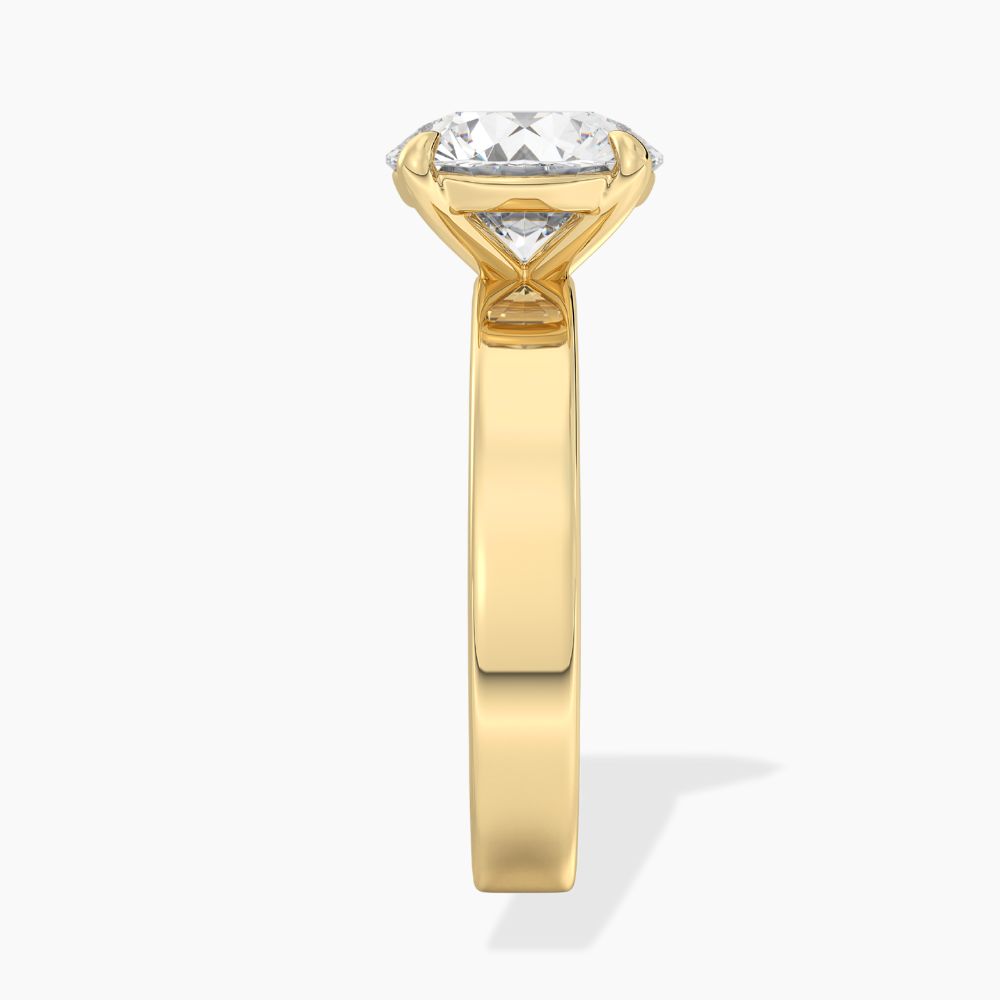 Flat Wide Cigar Band Round Solitaire Lab Grown Diamond Engagement Ring 18K Gold