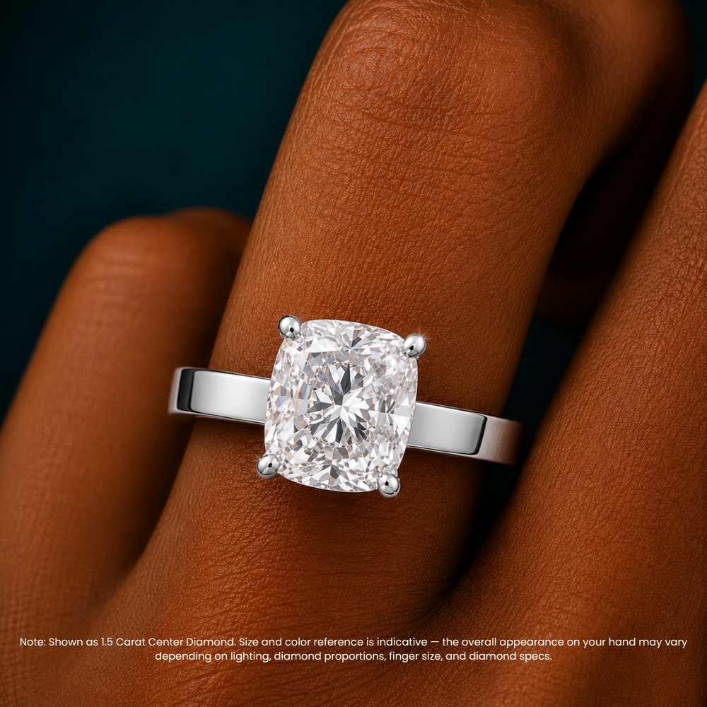 Flat Wide Cigar Band Cushion Solitaire Lab Grown Diamond Engagement Ring 18K Gold