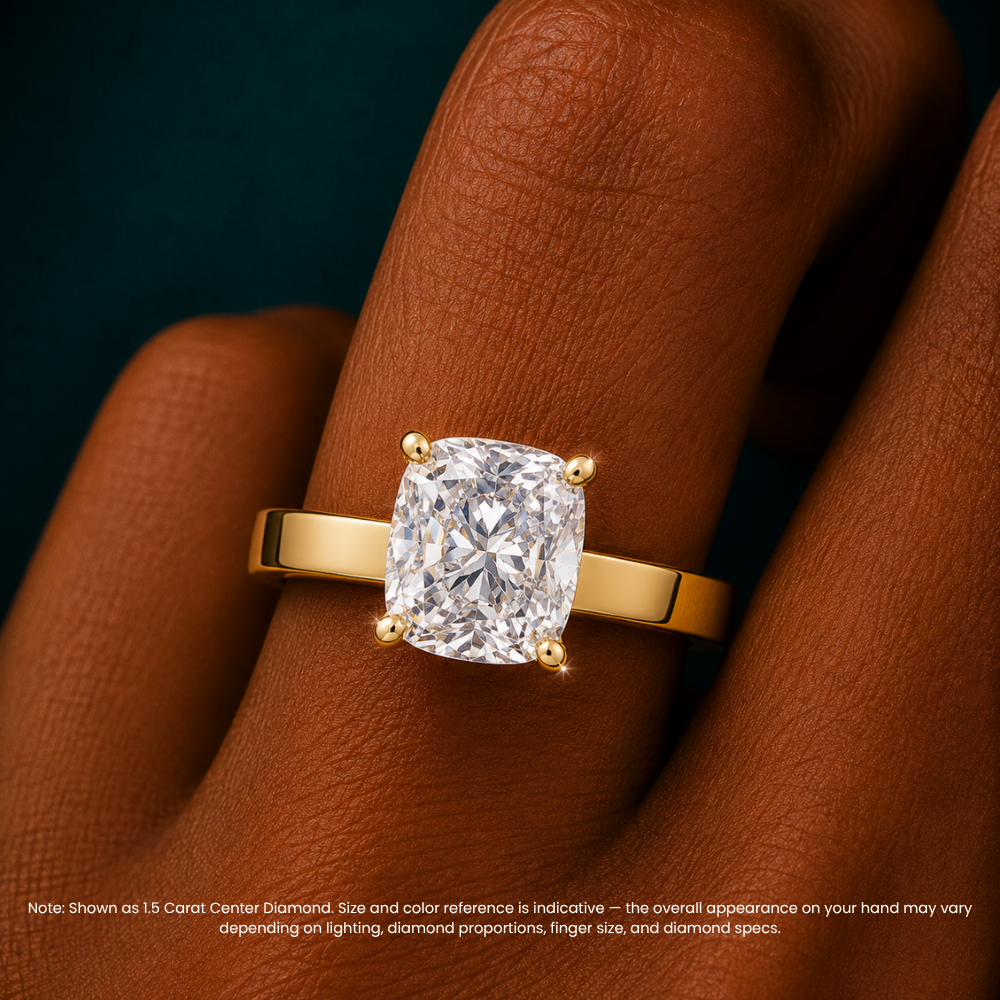Flat Wide Cigar Band Cushion Solitaire Lab Grown Diamond Engagement Ring 18K Gold