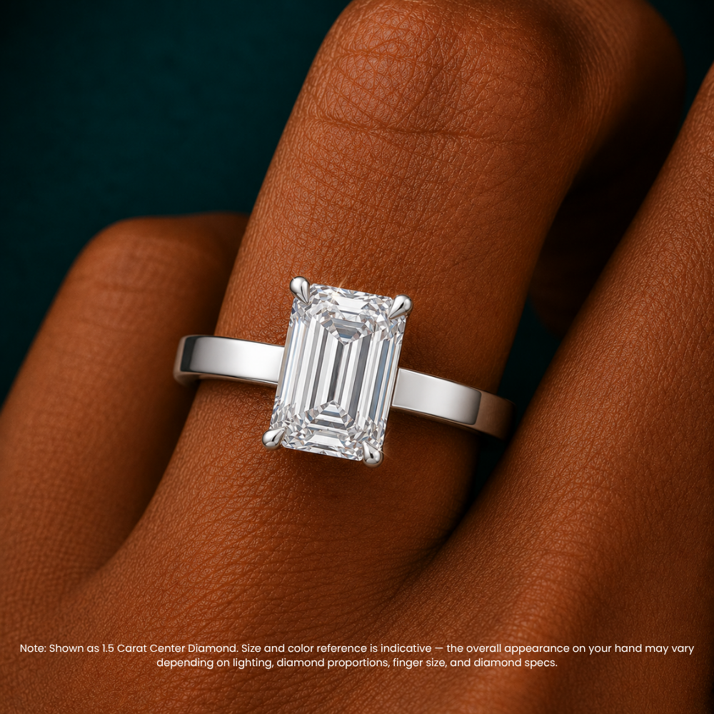Flat Wide Cigar Band Emerald Solitaire Lab Grown Diamond Engagement Ring 18K Gold
