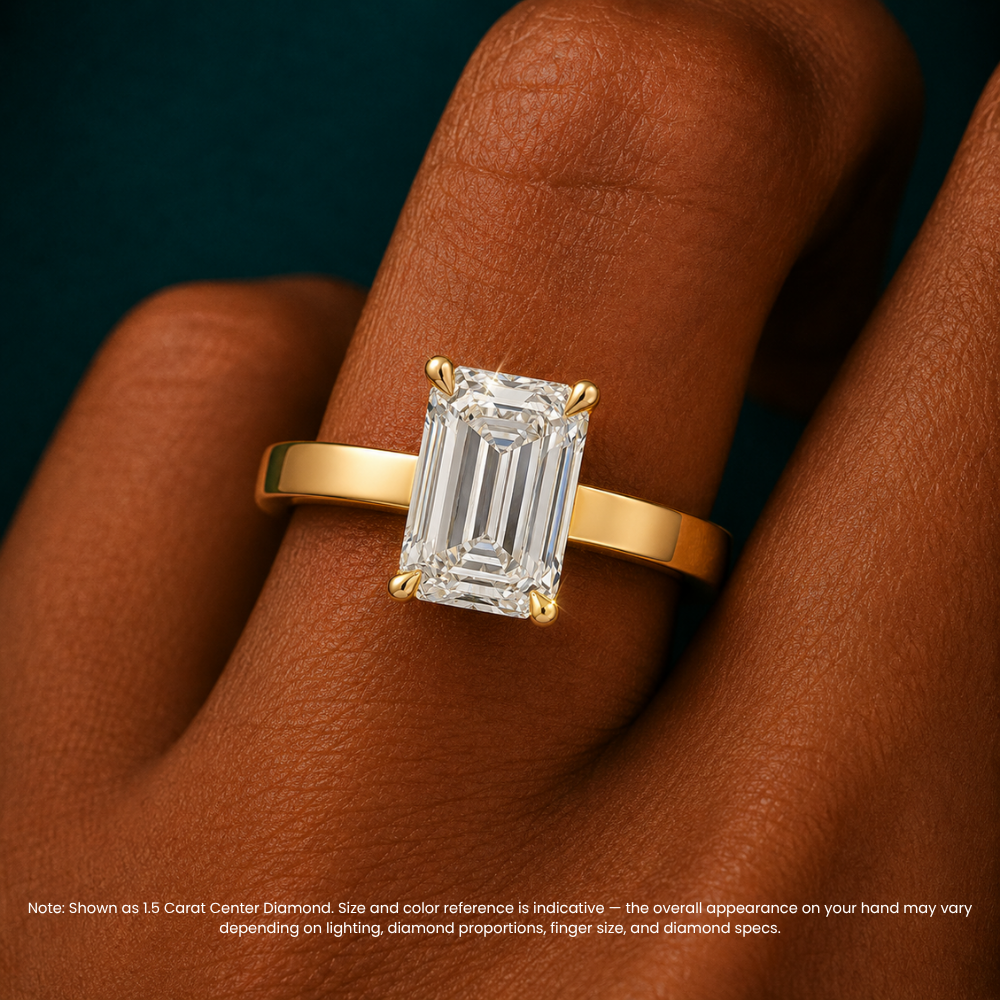 Flat Wide Cigar Band Emerald Solitaire Lab Grown Diamond Engagement Ring 18K Gold