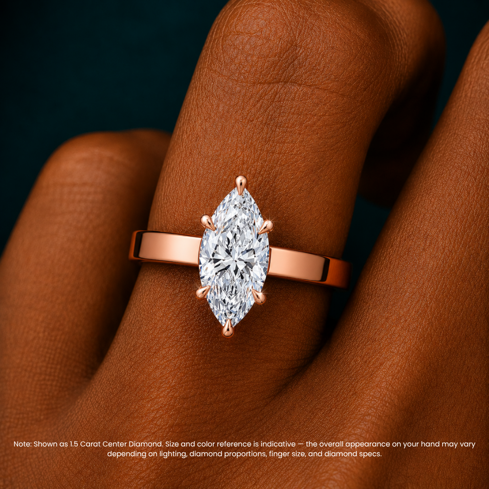 Flat Wide Cigar Band Marquise Solitaire Lab Grown Diamond Engagement Ring 18K Gold