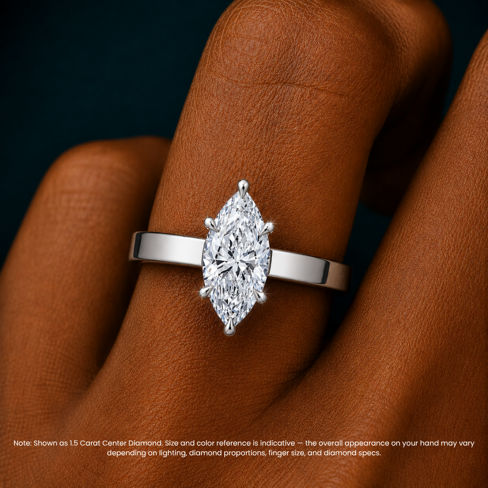 Flat Wide Cigar Band Marquise Solitaire Lab Grown Diamond Engagement Ring 18K Gold