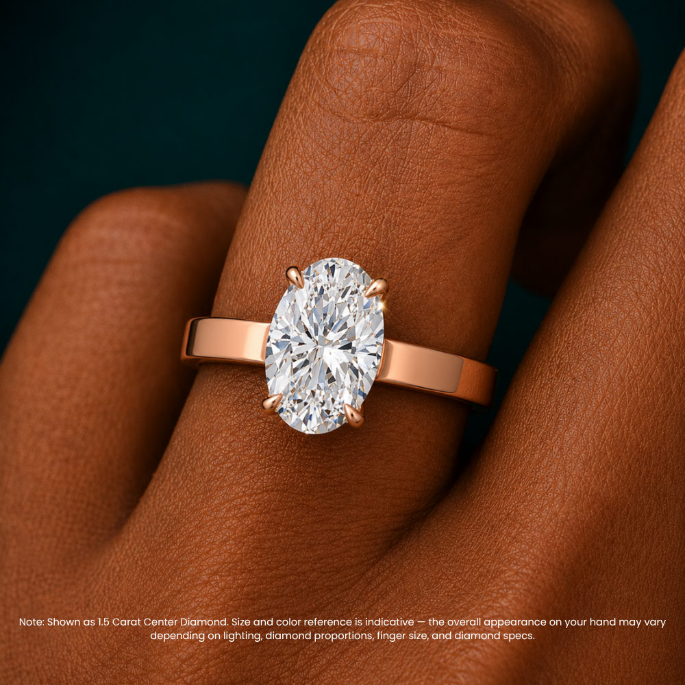 Flat Wide Cigar Band Oval Solitaire Lab Grown Diamond Engagement Ring 18K Gold
