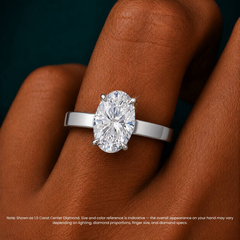 Flat Wide Cigar Band Oval Solitaire Lab Grown Diamond Engagement Ring 18K Gold