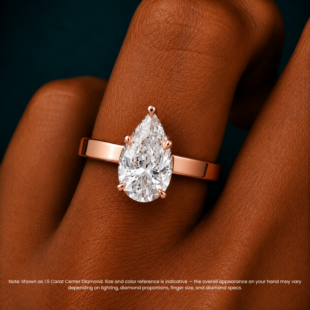 Flat Wide Cigar Band Pear Solitaire Lab Grown Diamond Engagement Ring 18K Gold