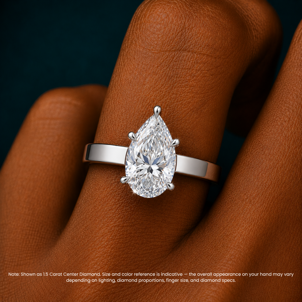 Flat Wide Cigar Band Pear Solitaire Lab Grown Diamond Engagement Ring 18K Gold