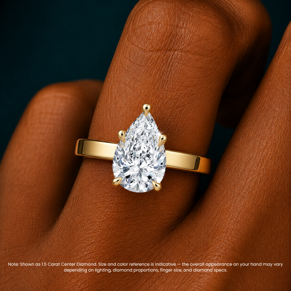 Flat Wide Cigar Band Pear Solitaire Lab Grown Diamond Engagement Ring 18K Gold