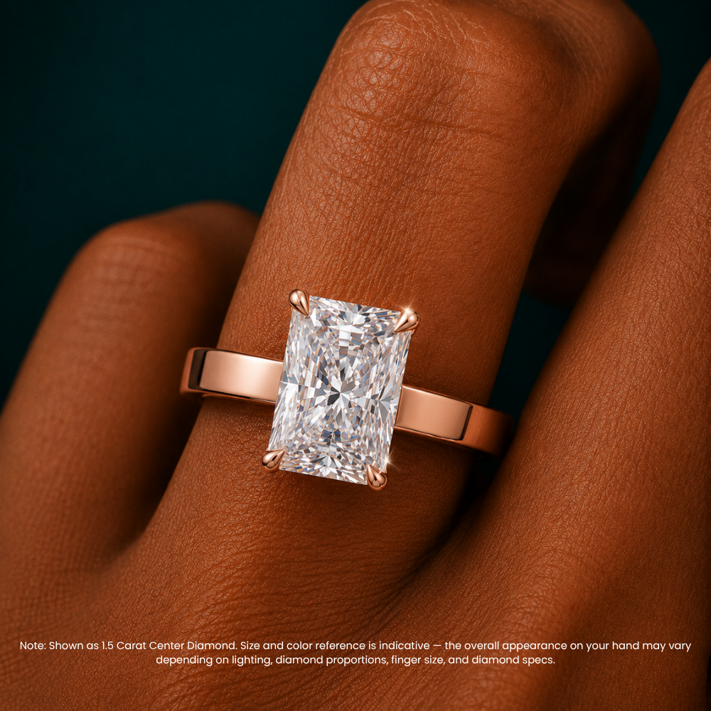 Flat Wide Cigar Band Radiant Solitaire Lab Grown Diamond Engagement Ring 18K Gold
