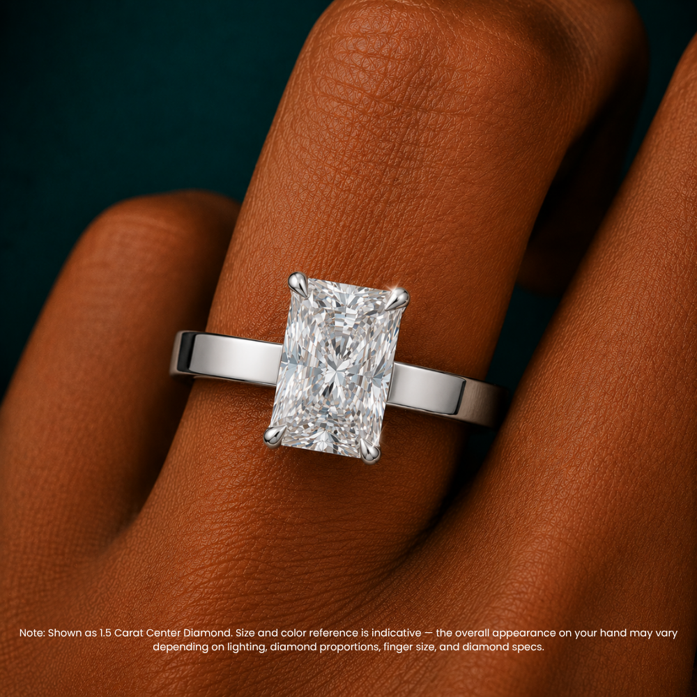 Flat Wide Cigar Band Radiant Solitaire Lab Grown Diamond Engagement Ring 18K Gold