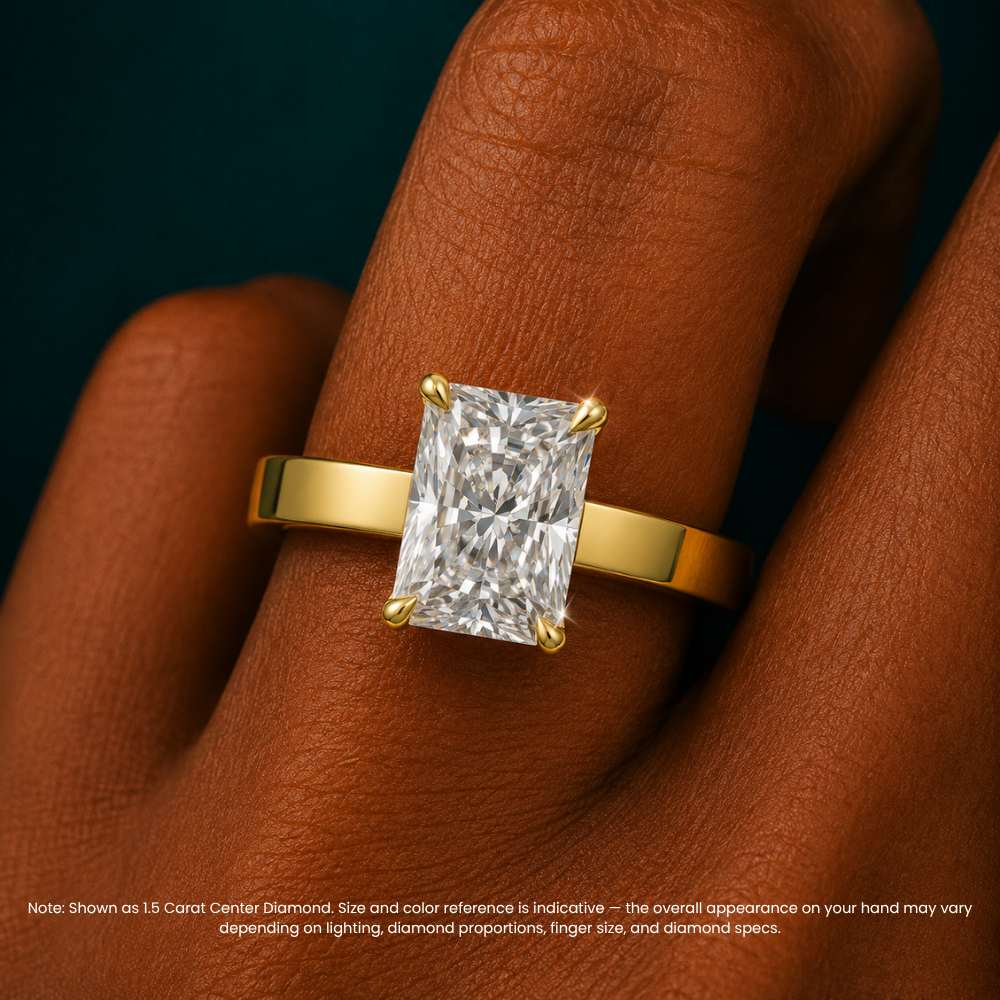 Flat Wide Cigar Band Radiant Solitaire Lab Grown Diamond Engagement Ring 18K Gold
