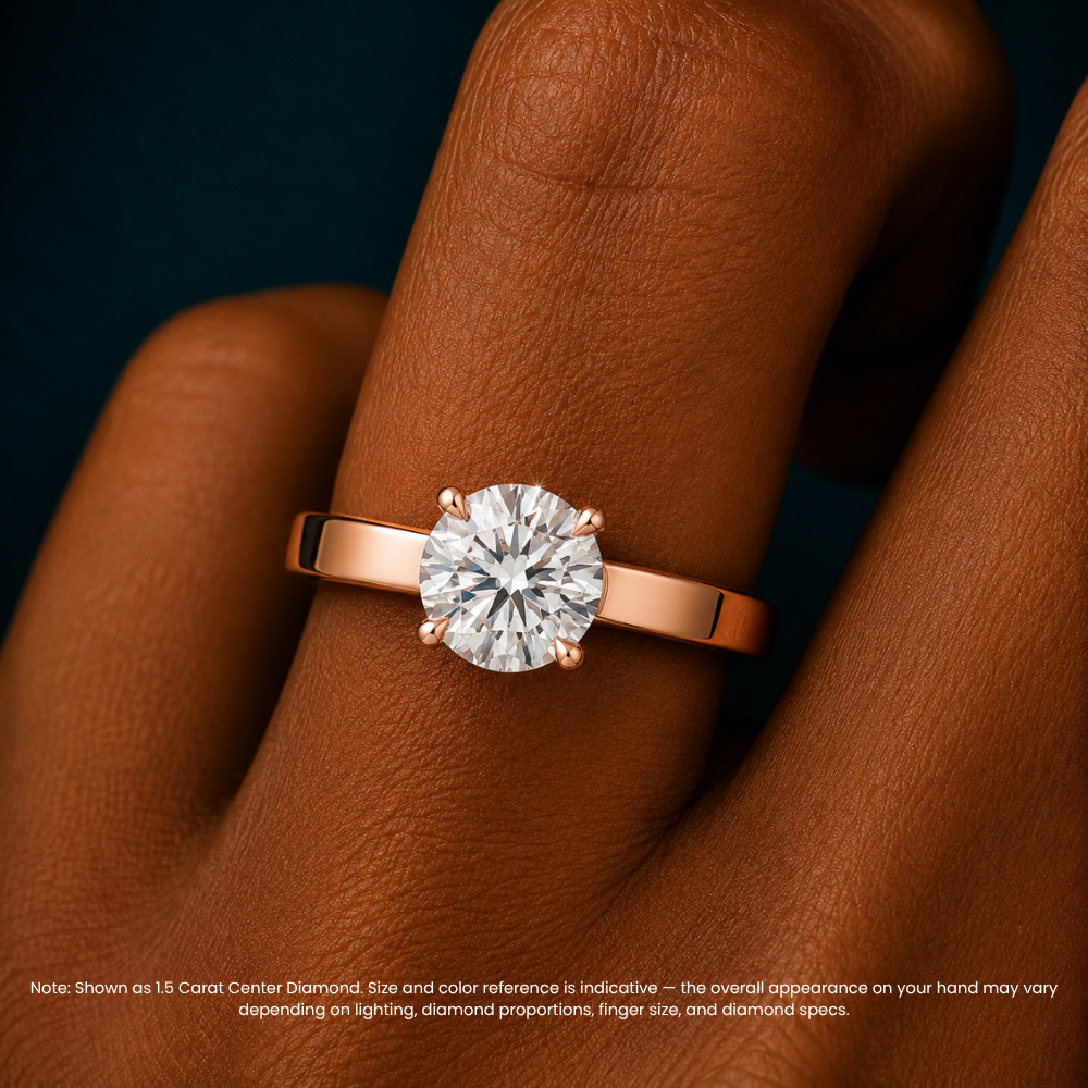 Flat Wide Cigar Band Round Solitaire Lab Grown Diamond Engagement Ring 18K Gold