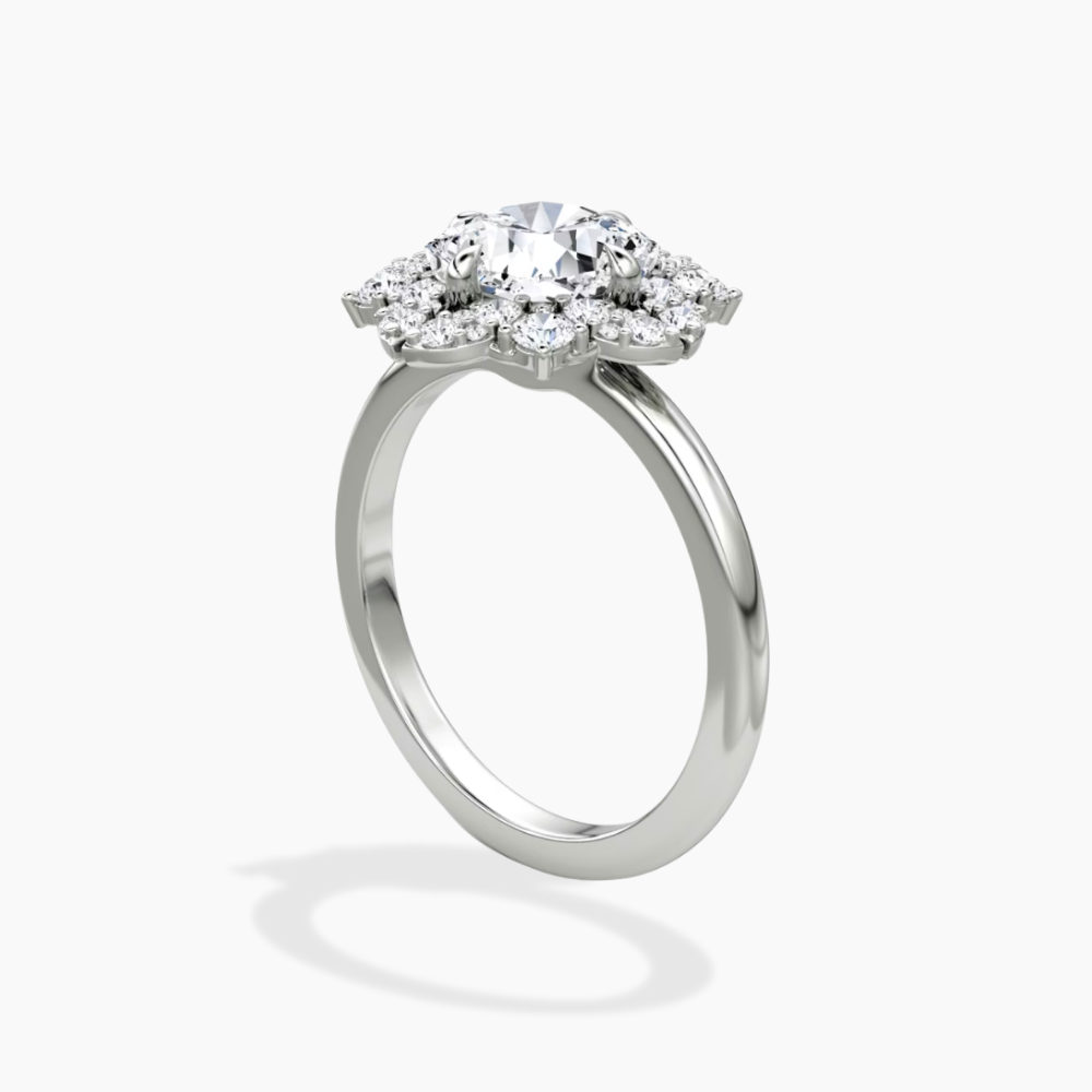 Janine Floral Vintage Halo Accents Cushion Lab Diamond Engagement Ring in 18K Gold