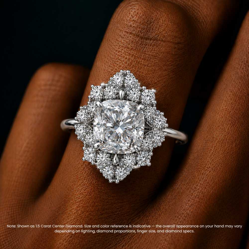 Janine Floral Vintage Halo Accents Cushion Lab Diamond Engagement Ring in 18K Gold
