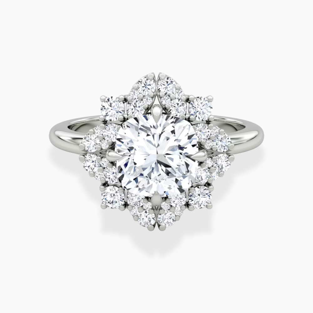 Janine Floral Vintage Halo Accents Cushion Lab Diamond Engagement Ring in 18K Gold