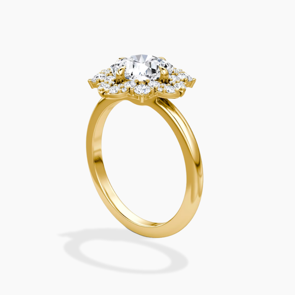 Janine Floral Vintage Halo Accents Cushion Lab Diamond Engagement Ring in 18K Gold