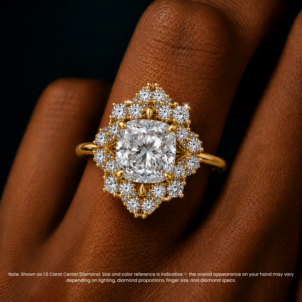 Janine Floral Vintage Halo Accents Cushion Lab Diamond Engagement Ring in 18K Gold