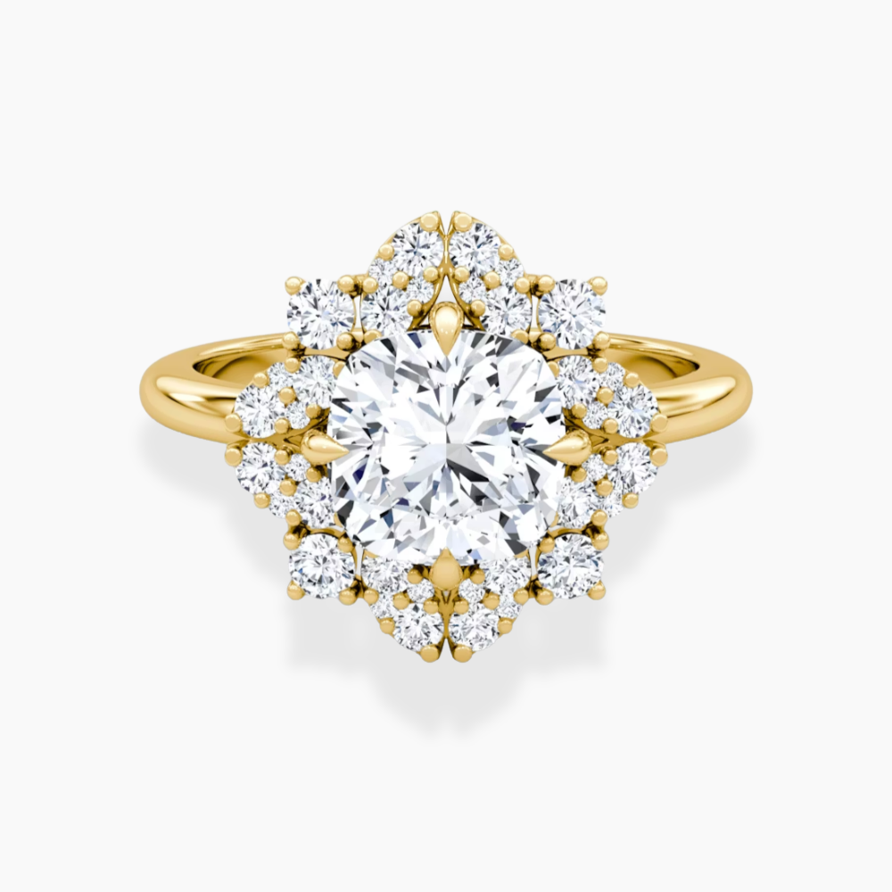 Janine Floral Vintage Halo Accents Cushion Lab Diamond Engagement Ring in 18K Gold