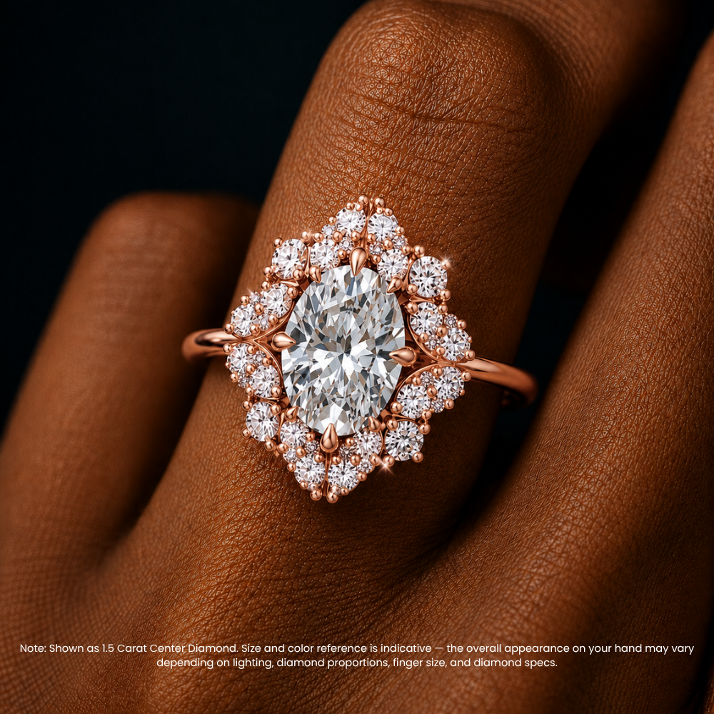 Janine Floral Vintage Halo Accents Oval Lab Diamond Engagement Ring in 18K Gold