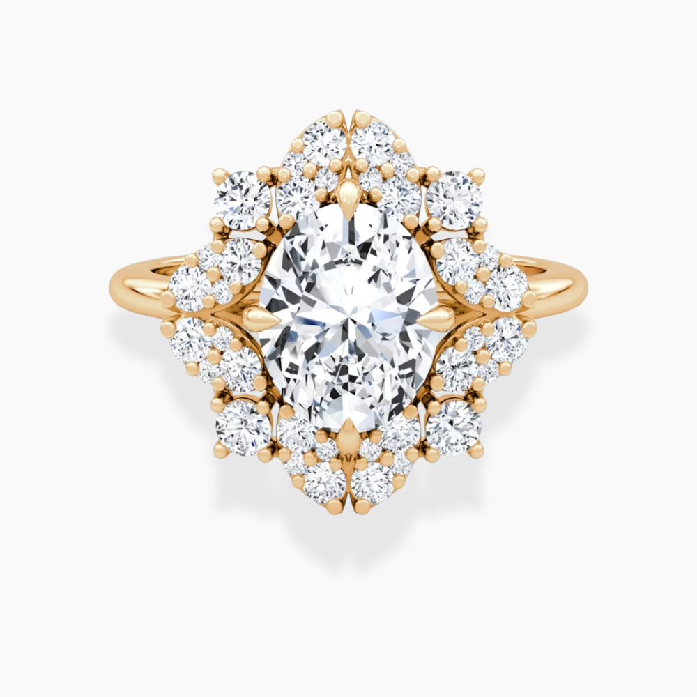 Janine Floral Vintage Halo Accents Oval Lab Diamond Engagement Ring in 18K Gold