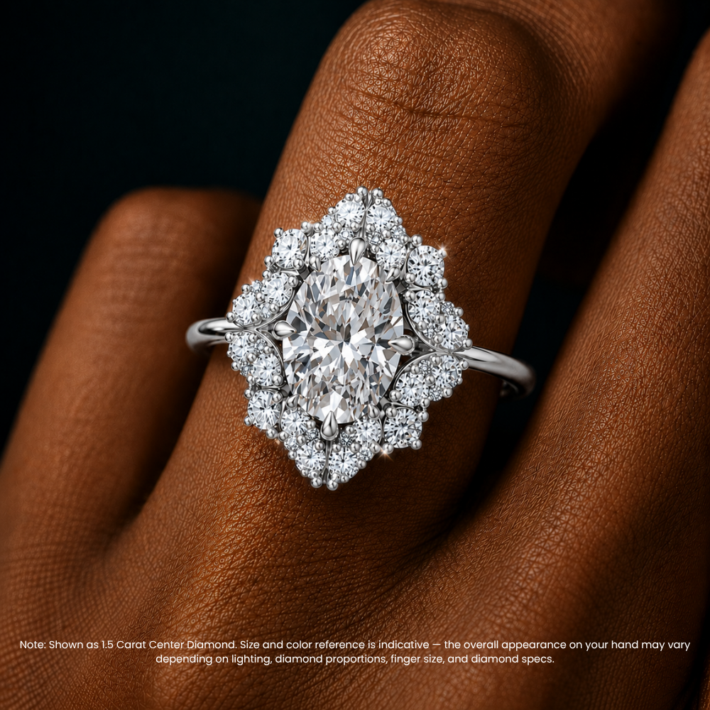 Janine Floral Vintage Halo Accents Oval Lab Diamond Engagement Ring in 18K Gold