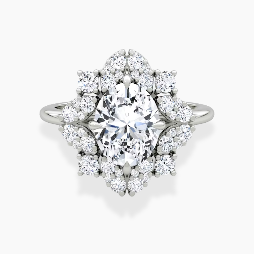 Janine Floral Vintage Halo Accents Oval Lab Diamond Engagement Ring in 18K Gold