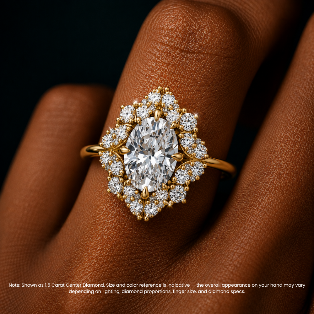 Janine Floral Vintage Halo Accents Oval Lab Diamond Engagement Ring in 18K Gold