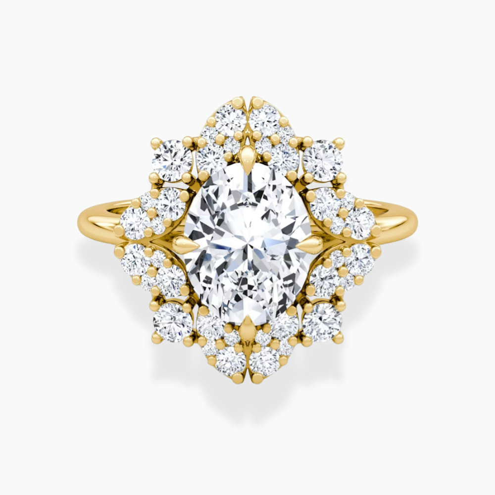 Janine Floral Vintage Halo Accents Oval Lab Diamond Engagement Ring in 18K Gold