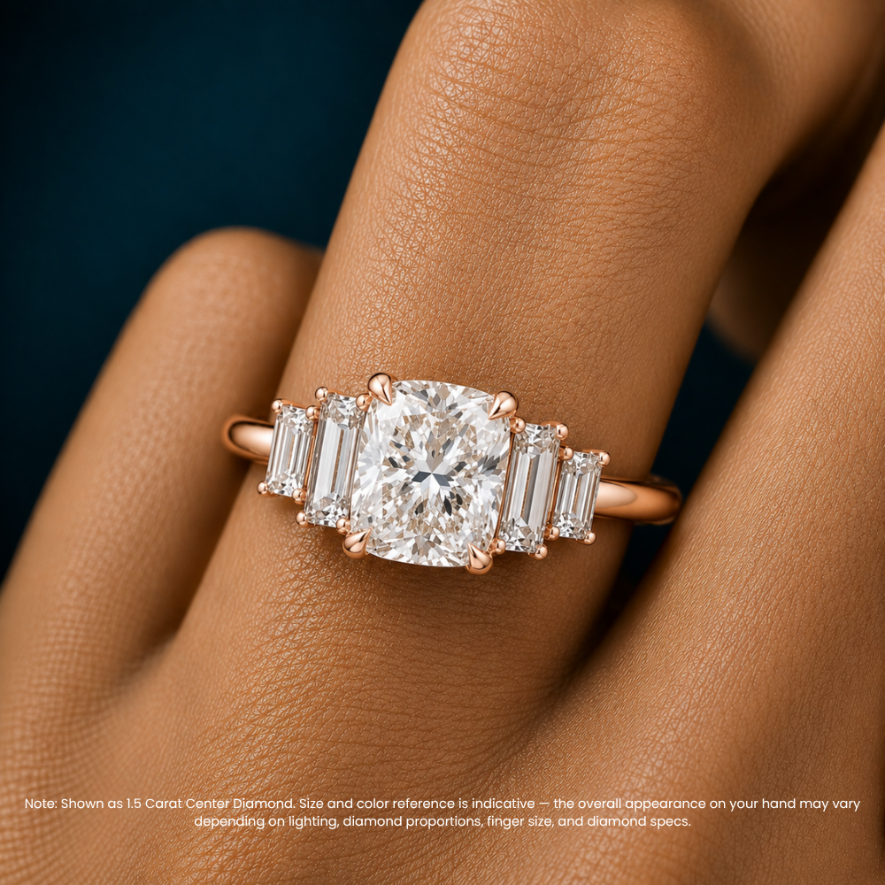 June North-South Baguette Accents (0.7 ctw) Cushion Lab Grown Diamond Engagement Ring in 18K Gold