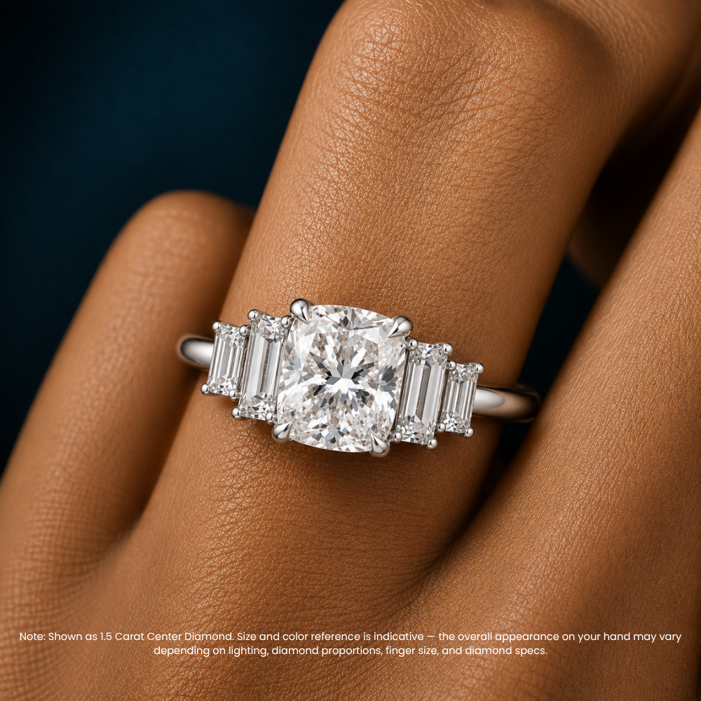 June North-South Baguette Accents (0.7 ctw) Cushion Lab Grown Diamond Engagement Ring in 18K Gold
