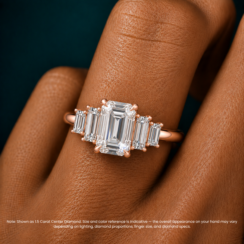 June North-South Baguette Accents (0.7 ctw) Emerald Lab Grown Diamond Engagement Ring in 18K Gold