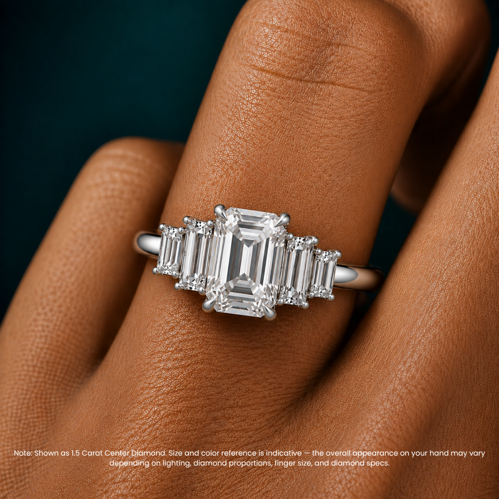 June North-South Baguette Accents (0.7 ctw) Emerald Lab Grown Diamond Engagement Ring in 18K Gold