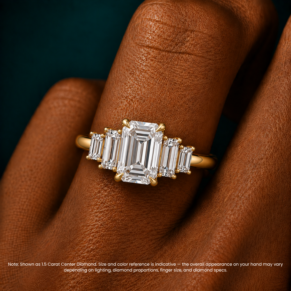 June North-South Baguette Accents (0.7 ctw) Emerald Lab Grown Diamond Engagement Ring in 18K Gold