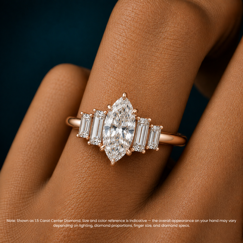 June North-South Baguette Accents (0.7 ctw) Marquise Lab Grown Diamond Engagement Ring in 18K Gold