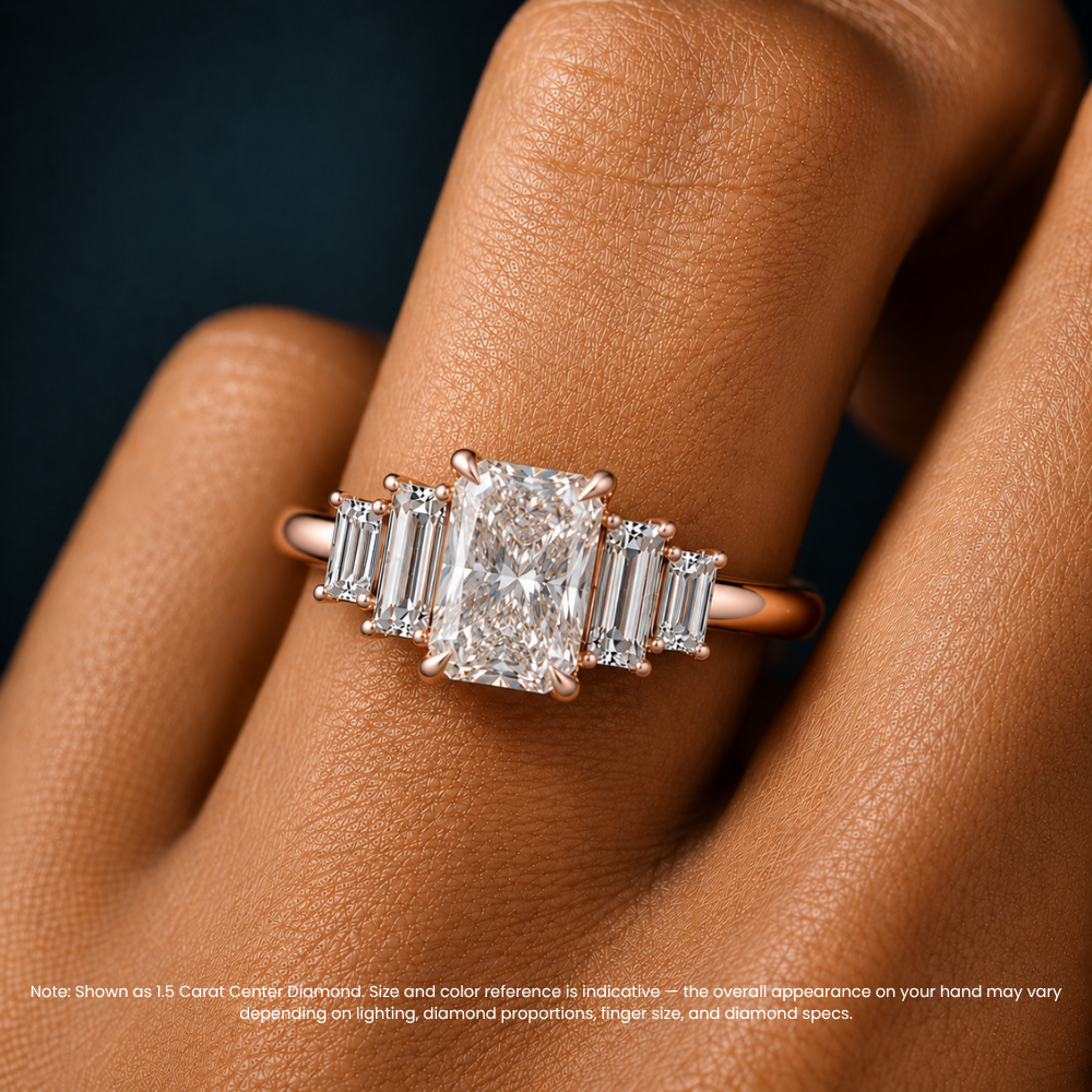 June North-South Baguette Accents (0.7 ctw) Radiant Lab Grown Diamond Engagement Ring in 18K Gold