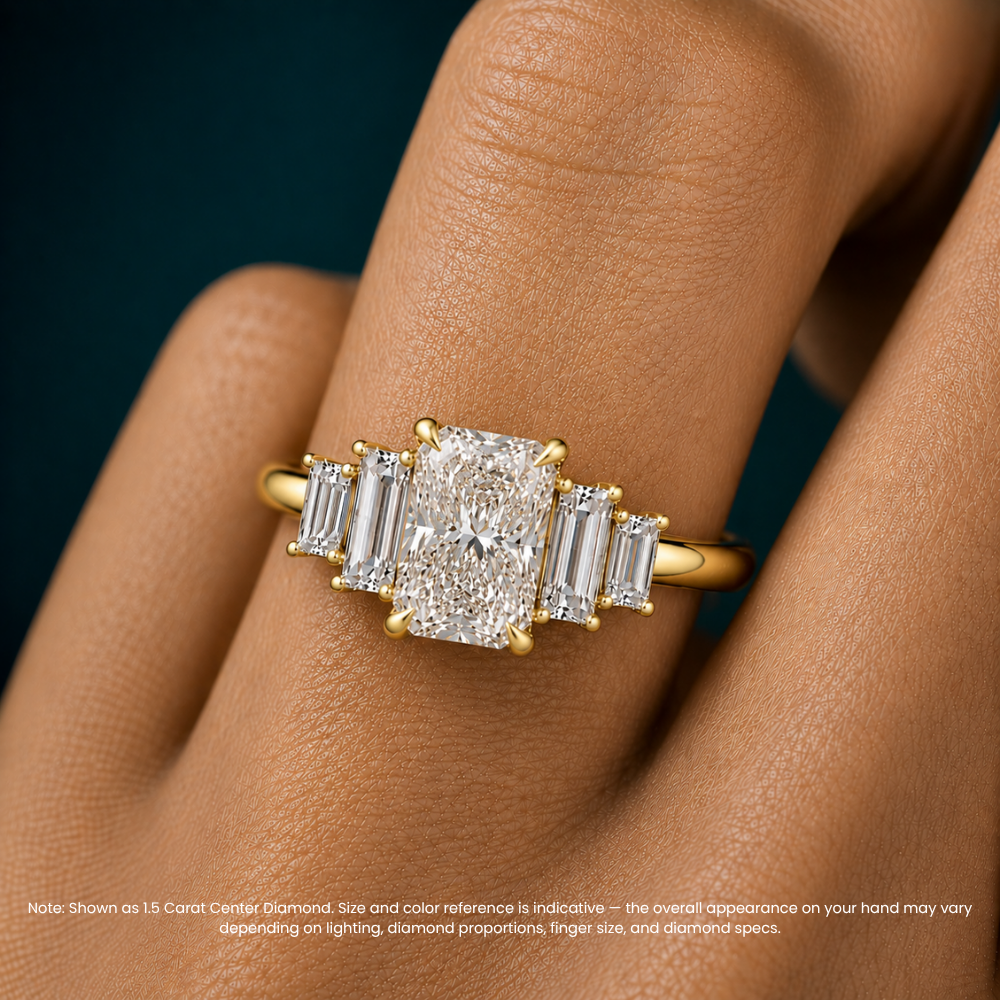 June North-South Baguette Accents (0.7 ctw) Radiant Lab Grown Diamond Engagement Ring in 18K Gold